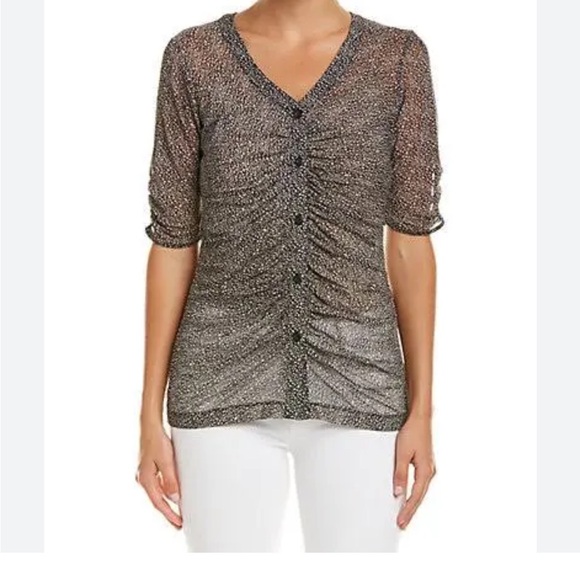 Tops - CAbi Sheer‎ Ruched Mesh Snow Leopard Print Button Down Blouse L 241 Stretch Y2K